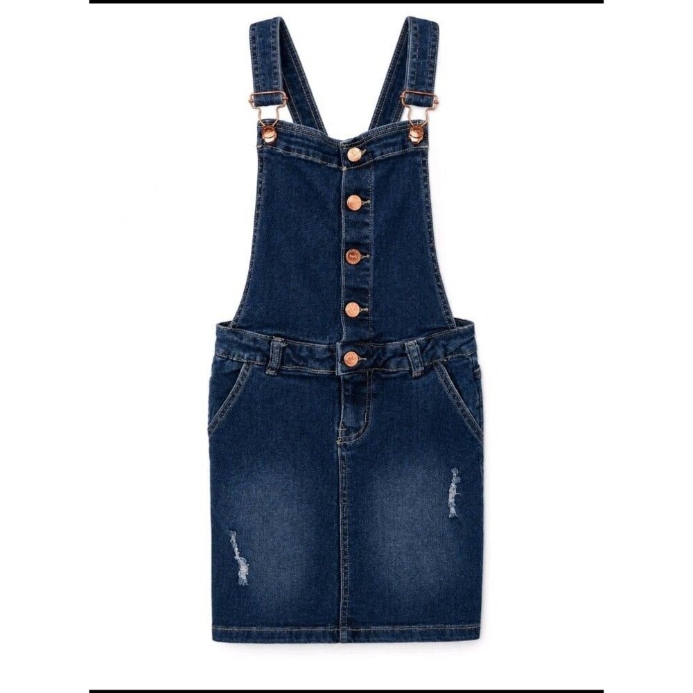 Yumi Girls Size 8 Blue Denim Overall Pinafore Dress Button Front Adjustable